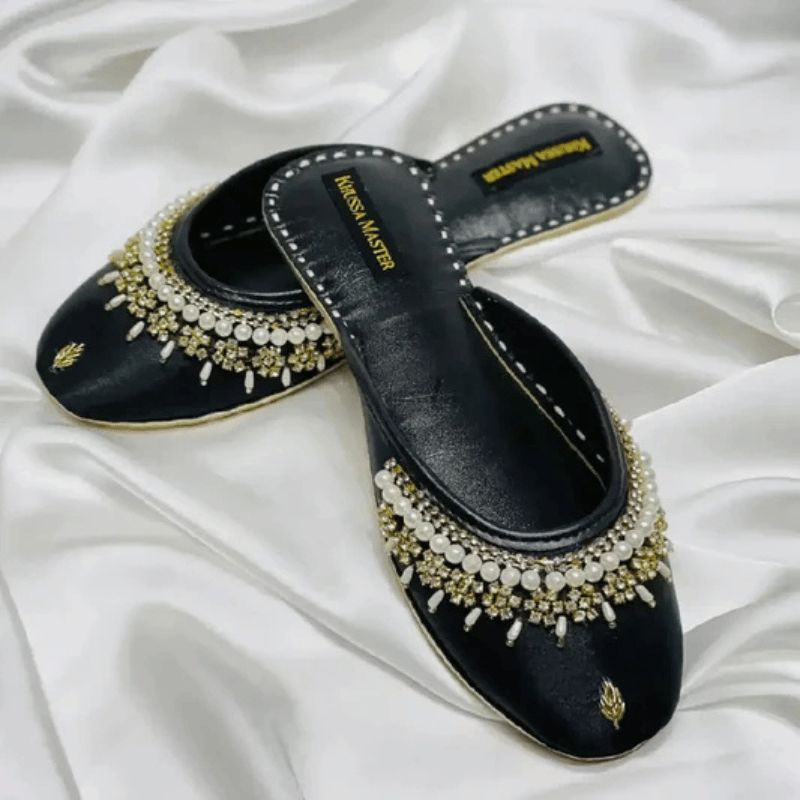Open Khussa - Black Embossed Pattern