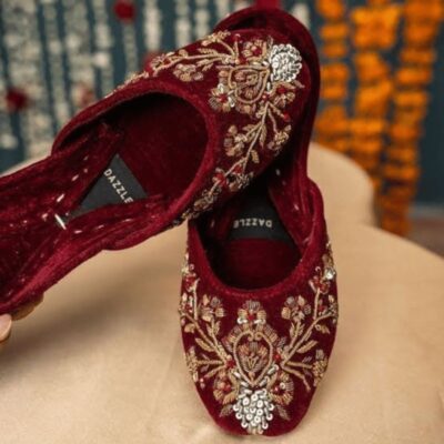 Royal Bridal Khussa - Red & Gold Embroidered