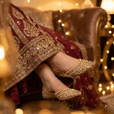 Bridal Khussa - Maroon Zari Work