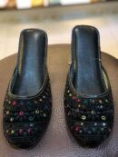 Black open khussa with mirror work and colorful triangle thread embroidery