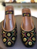 Black velvet open khussa for women with gold sequin circle embroidery and multicolor thread work