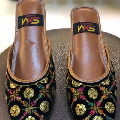 Black velvet open khussa for women with gold sequin circle embroidery and multicolor thread work