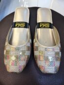 Champagne gold checkered open khussa with multicolor patchwork embroidery and sequins