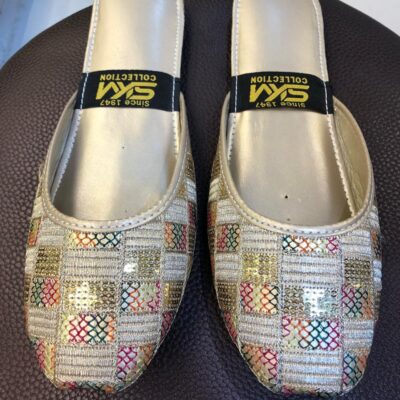 Champagne gold checkered open khussa with multicolor patchwork embroidery and sequins
