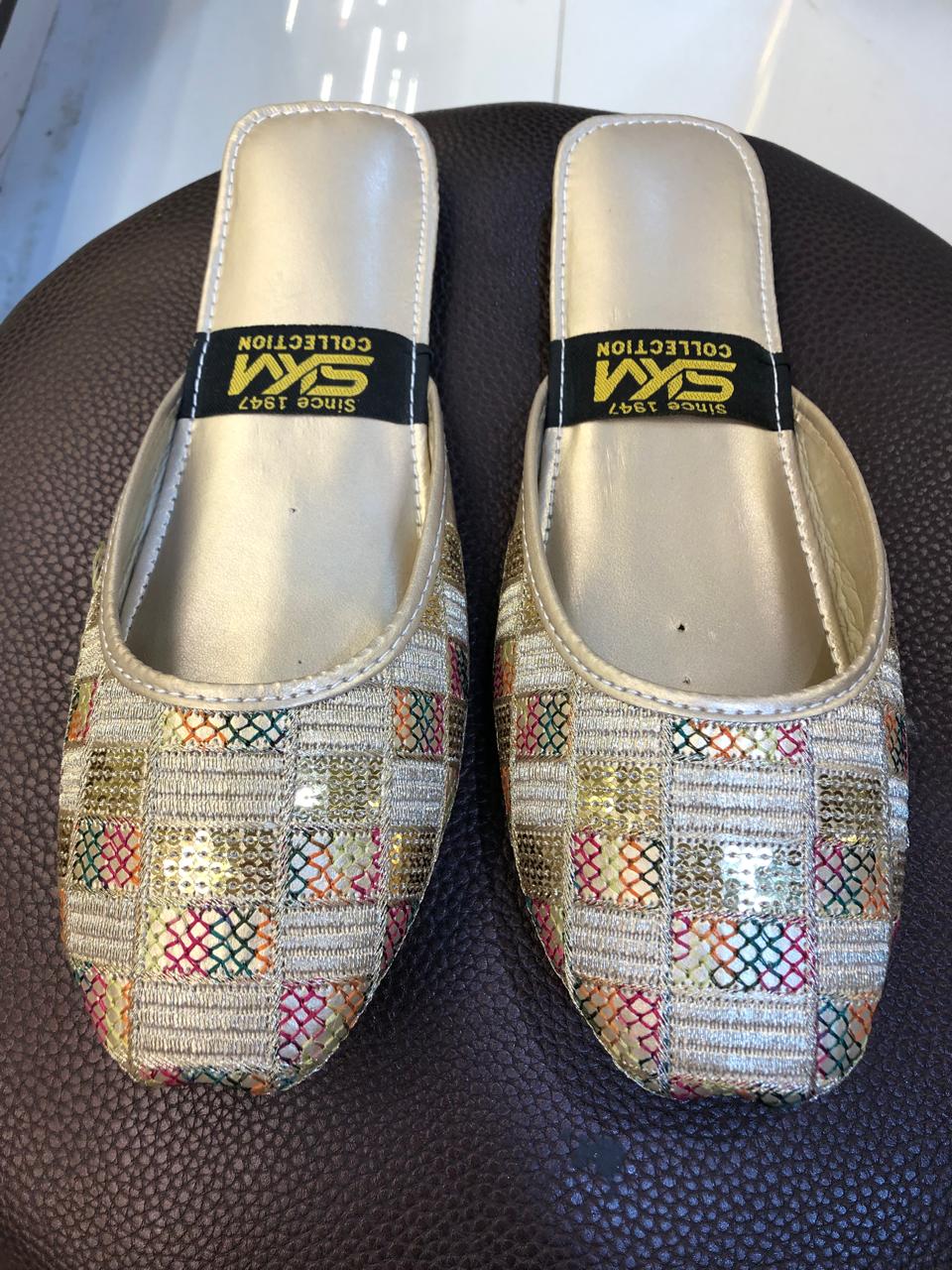 Champagne gold checkered open khussa with multicolor patchwork embroidery and sequins