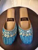 Turquoise blue open khussa with gold sequin floral embroidery