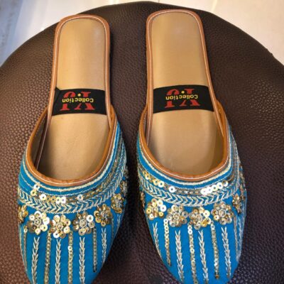 Turquoise blue open khussa with gold sequin floral embroidery