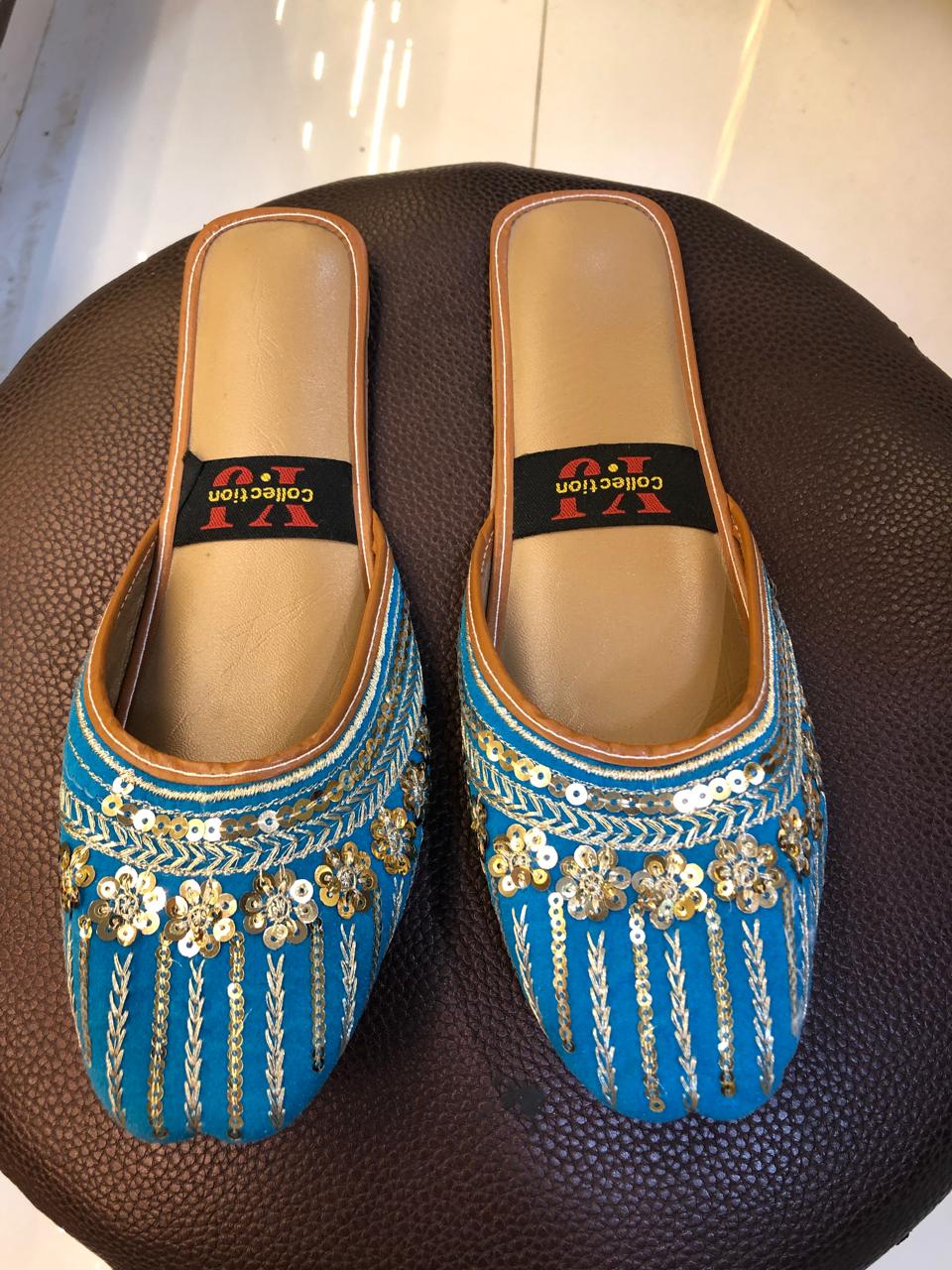 Turquoise blue open khussa with gold sequin floral embroidery
