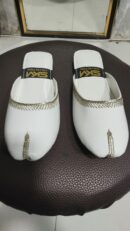 White open khussa with gold tilla embroidery trim