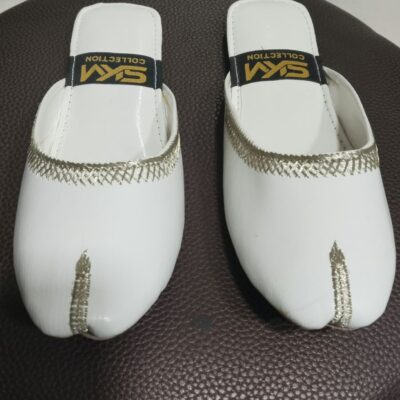 White open khussa with gold tilla embroidery trim
