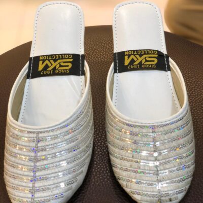 White open khussa for women with silver sequin striped embroidery